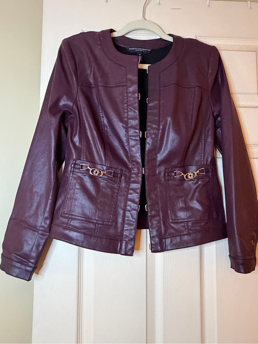 White House Black Market Coated Denim Burgundy Jacket with Gold Hardware